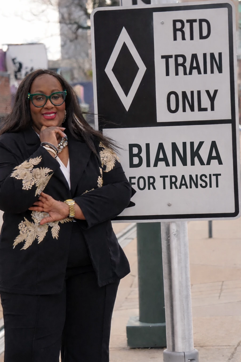 Bianka Emerson next to RTD Train Only – Bianka for Transit sign